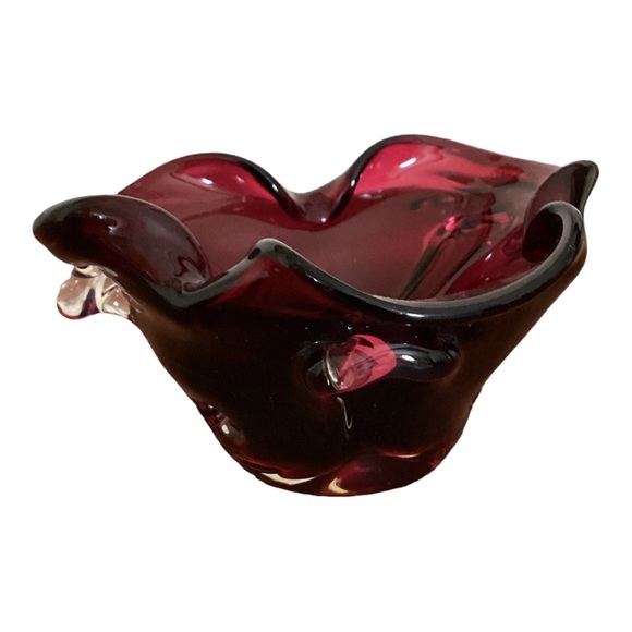 Murano Style Hand Blown Art Glass Ruffled Edge Bowl Burgundy Vintage EUC - Picture 5 of 10